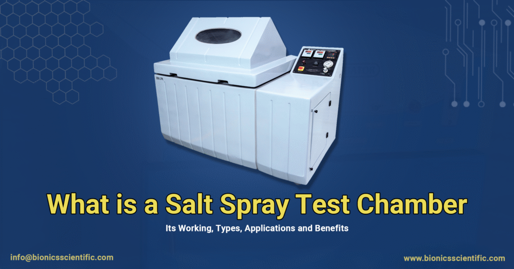 Salt Spray Test Chamber: Complete Guide to ASTM B117 & ISO 9227 Corrosion Testing 4 A white Bionics Scientific salt spray test chamber, a type of accelerated corrosion testing equipment, on a blue background.
