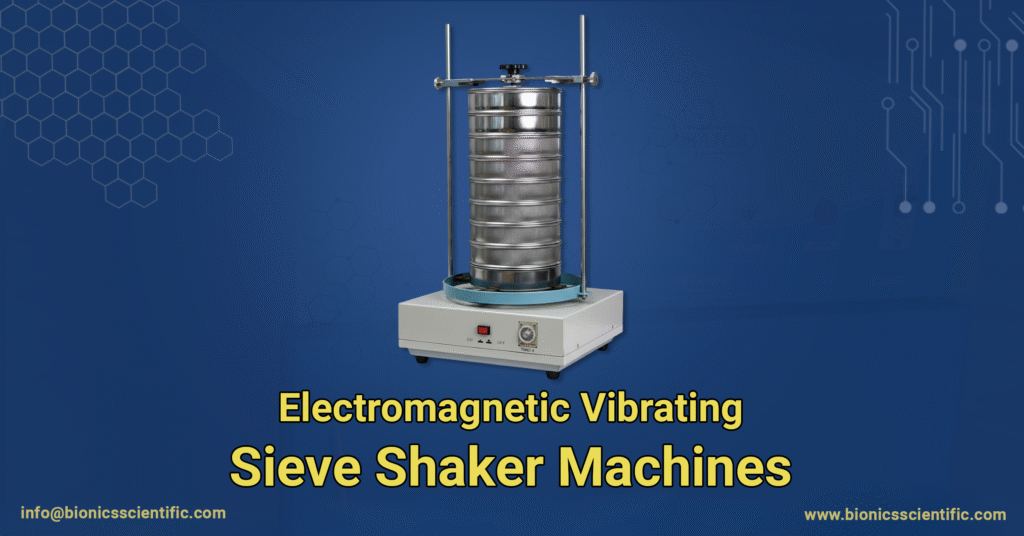 A Bionics Scientific Electromagnetic Vibrating Sieve Shaker Machine with a stack of sieves, set against a blue background with tech-themed graphics. Contact info is visible.