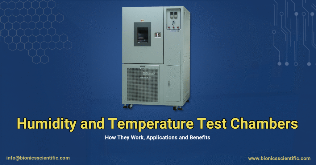 Humidity and Temperature Test Chambers: How They Work, Applications and Benefits 3 A grey, industrial humidity and temperature test chamber on wheels, set against a blue background with the title "Humidity and Temperature Test Chambers"