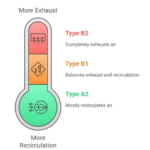 Q5. What types of Class II Biosafety Cabinets exist? There are three main types: Type A2: 70% recirculated, 30% exhausted Type B1: More exhaust than recirculation Type B2: 100% exhaust, no recirculation