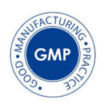 GMP logo with circular text reading Good Manufacturing Practice in blue and white design